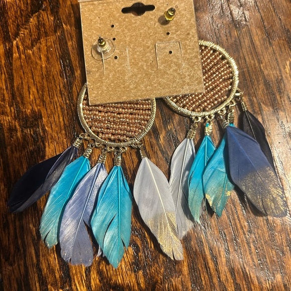 NWT Feather Drop Earring Blue / Gold - Picture 2 of 5